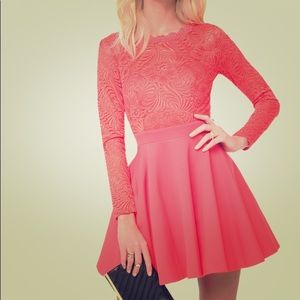 Bebe red lace backless flare dress.
